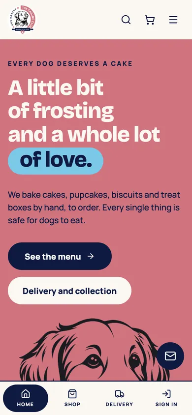 Canine Club Bakery on a phone