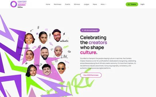 Content Creator Awards home page with a collage of creators’ faces and the headline Celebrating the creators who shape culture.
