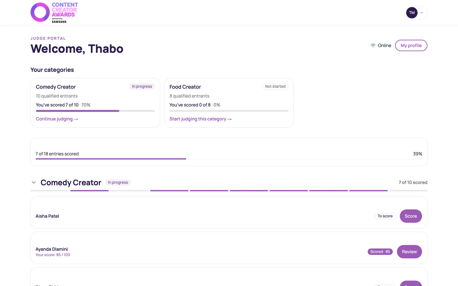 The judge portal with categories and scoring progress