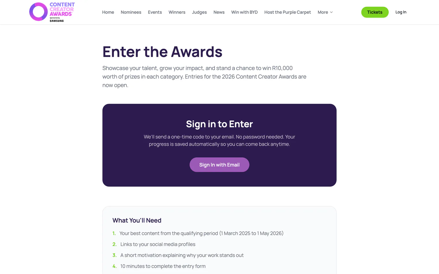 The enter the awards page on a computer