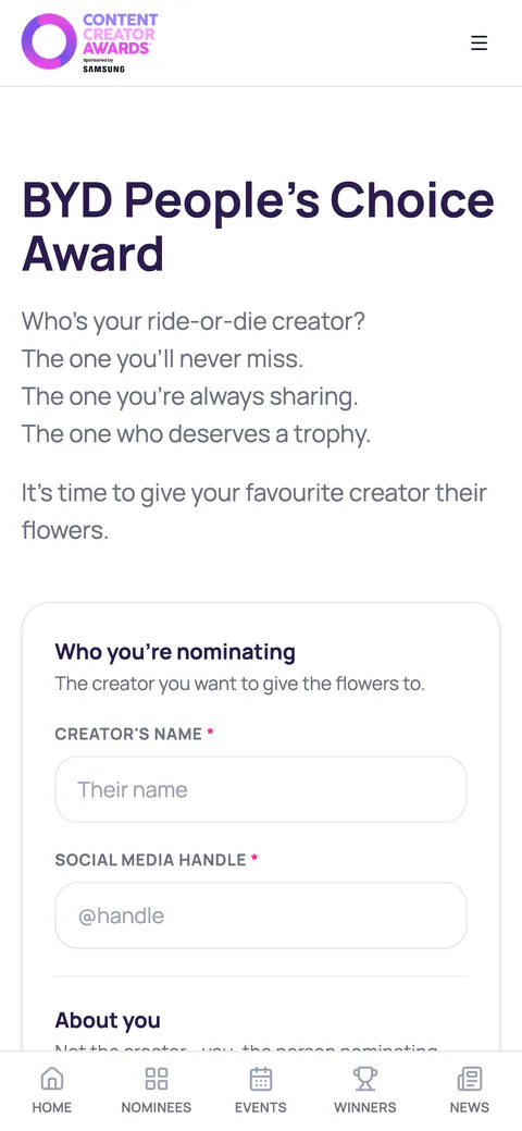 The public nomination form on a phone