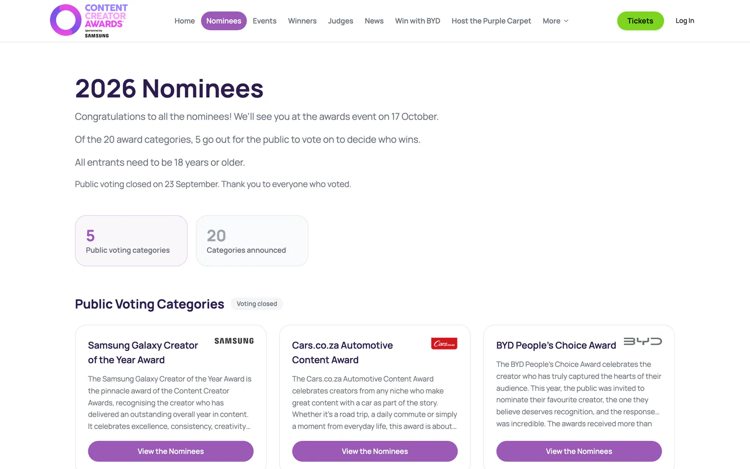 The nominees page with the public voting categories