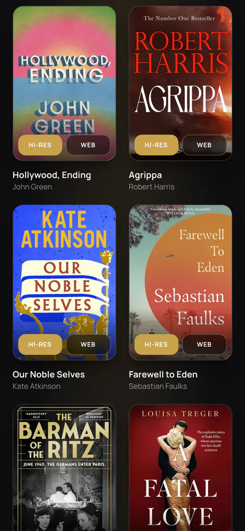 Covers on a phone, each with hi-res and web downloads